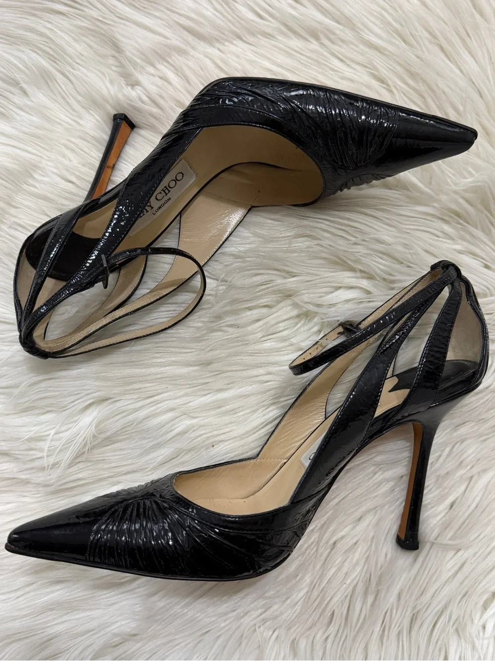 Jimmy Choo Black Patent Pointed Toe Strap Pumps